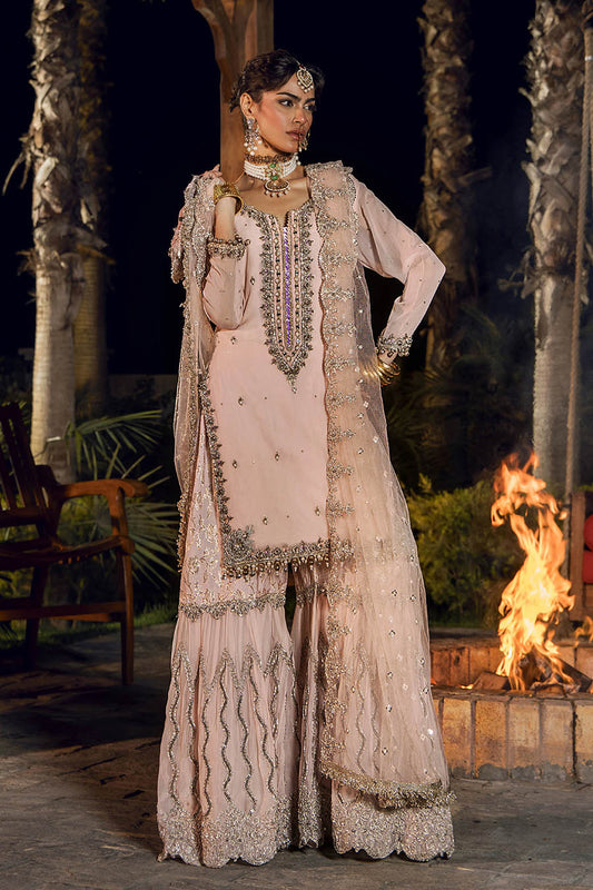 Hand Embroidered Pale Pink Pure Chiffon Gharara