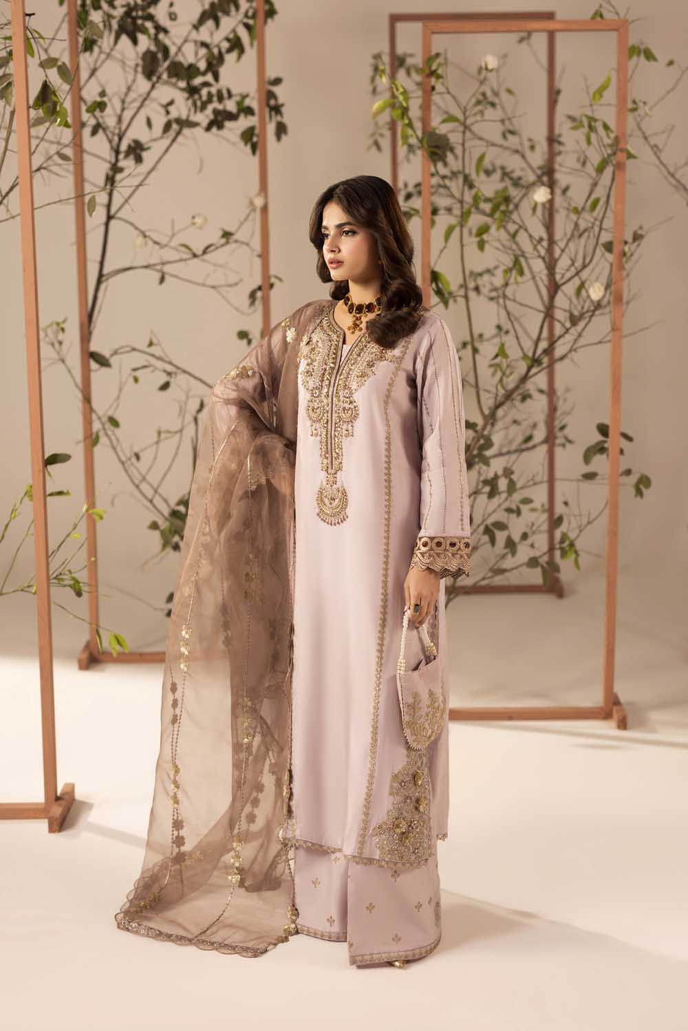 Mauve Pink Embellished & Embroidered Raw Silk Suit with Potil