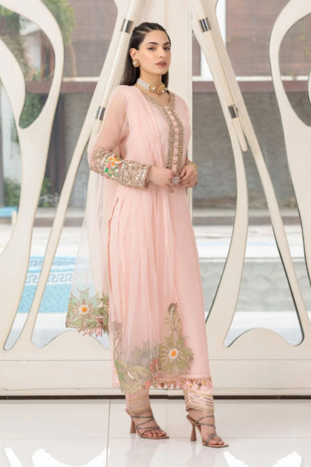 Pink Hand Embroidered Suit with Embellishments