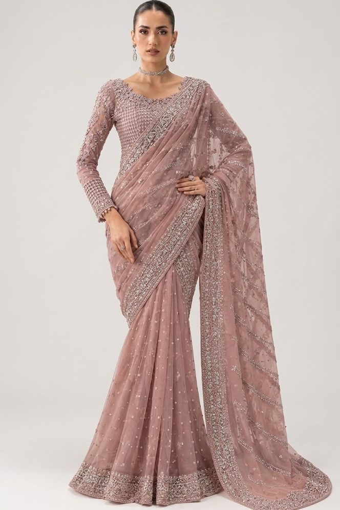 Salmon Pink Chiffon Wedding Saree
