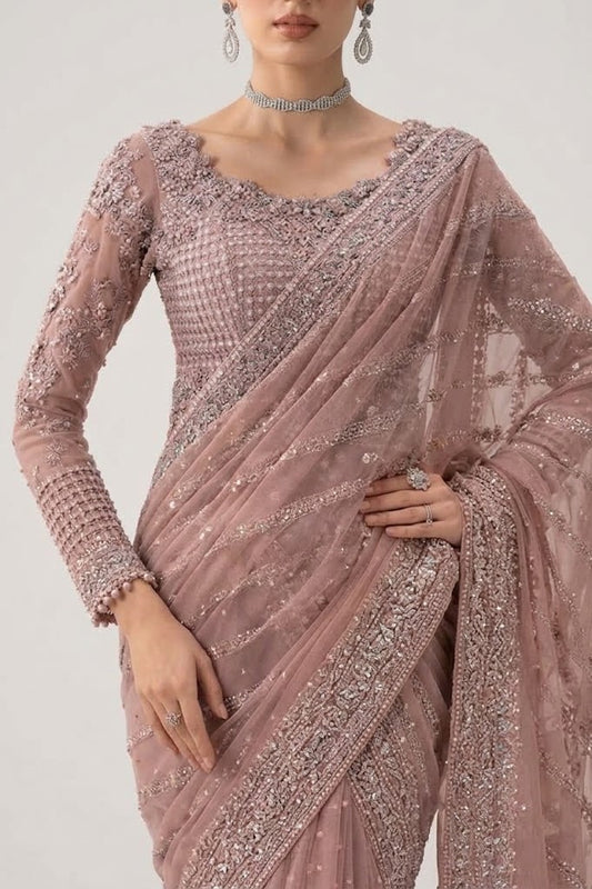 Salmon Pink Chiffon Wedding Saree