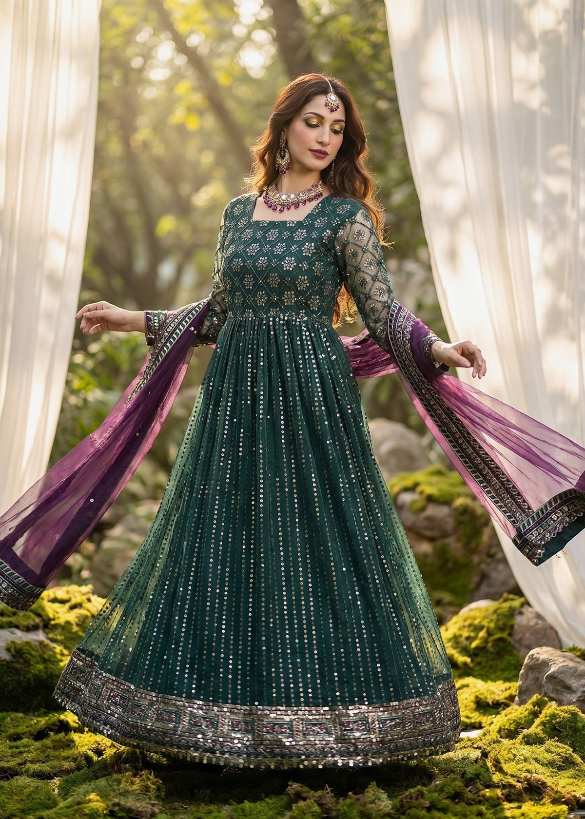 Designer Green Net Pishwas Suit Online in KSA Riyadh Saudi Arabia Oman Bahrain Qatar