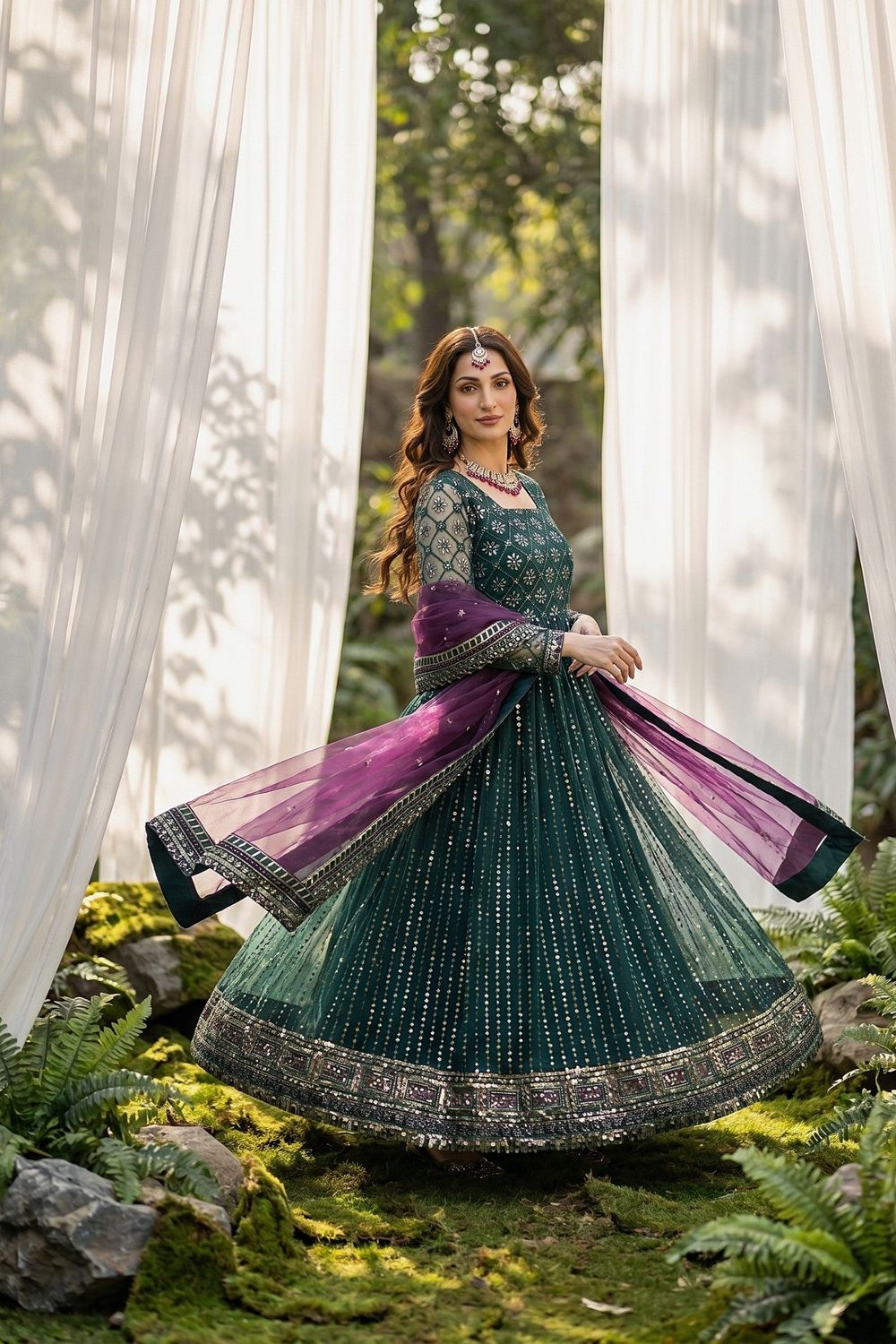 Green Embroidered Net Pishwas Suit Online in Dubai UAE Abudhabi Ajman Sharjah