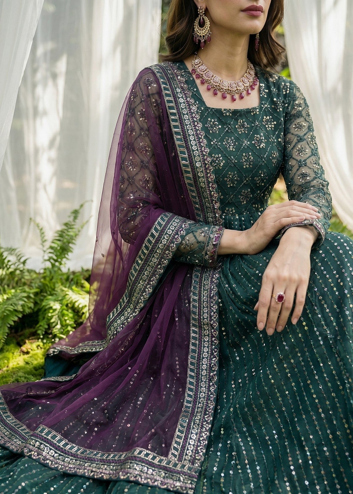 Green Net Embroidered Pishwas with Dupatta Online in Sri Lanka India Australia