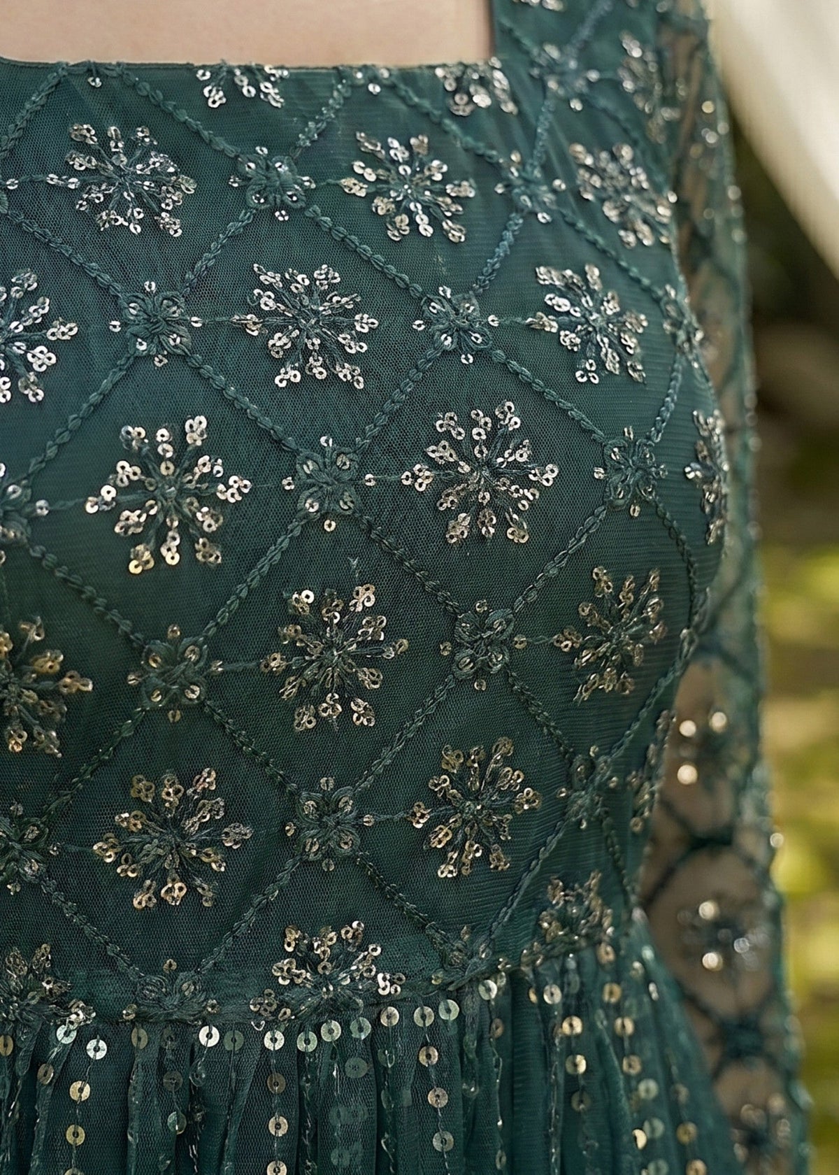Green Net Pishwas with Embroidered Dupatta Online in Dubai DXB UAE Abudhabi Meena Bazaar