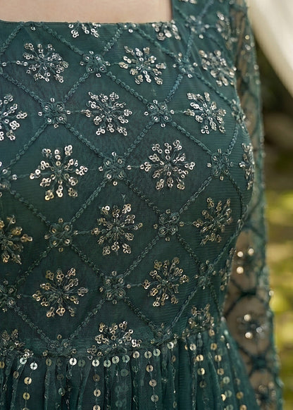 Green Net Pishwas with Embroidered Dupatta Online in Dubai DXB UAE Abudhabi Meena Bazaar