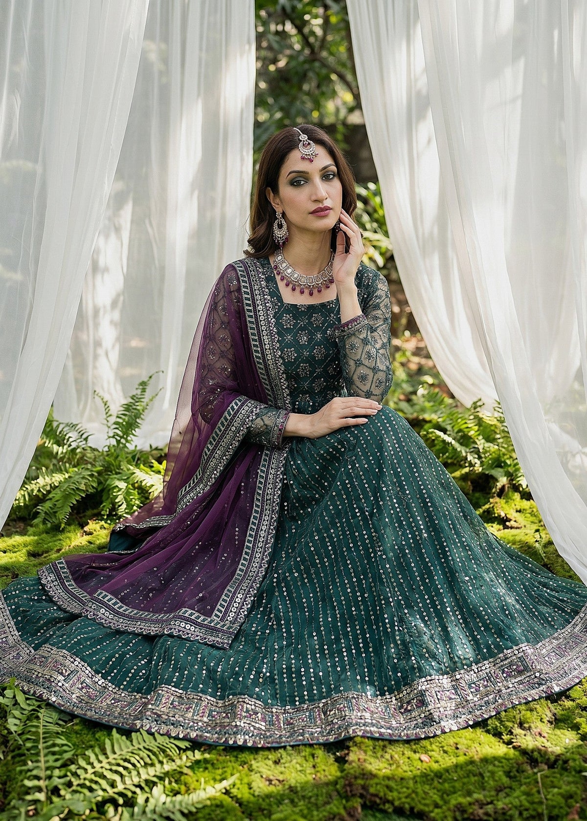 Ladies Embroidered Green Net Partywear Suit Online in UK USA Canada