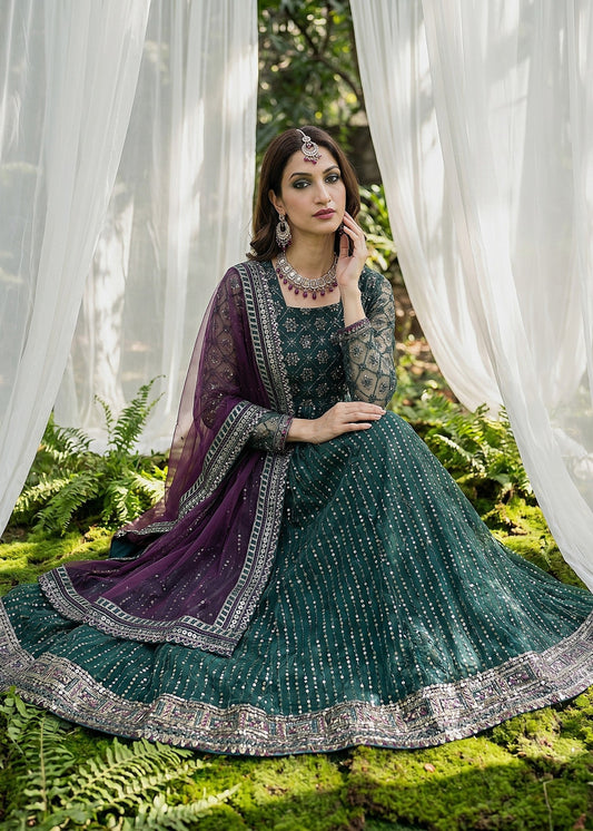 Ladies Embroidered Green Net Partywear Suit Online in UK USA Canada
