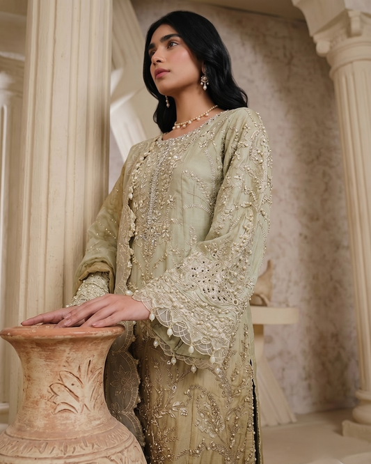 Pistachio Chiffon Designer Suit Online in UK USA Canada