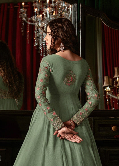 Pistachio Chiffon Gold Embroidered Maxi Dress Online in KSA Riyadh Saudi Arabia Oman Bahrain Qatar