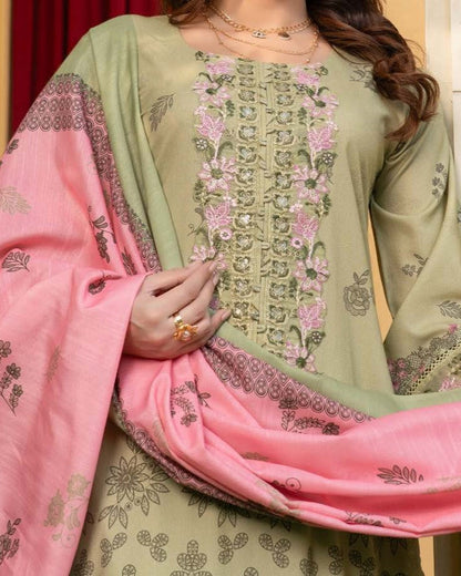Pistachio Dhanak Pakistani Suit with Printed Wool Shawl Online in Sri Lanka India Australia