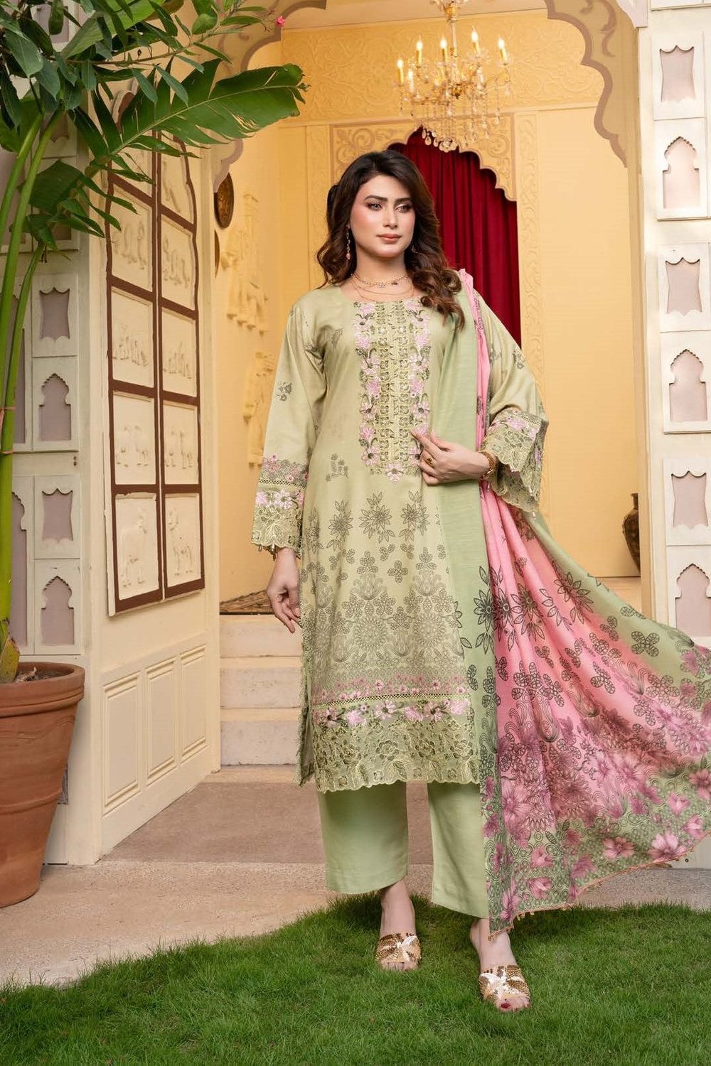 Pistachio Embroidered Dhanak Suit Online in Dubai UAE Abudhabi Ajman Sharjah
