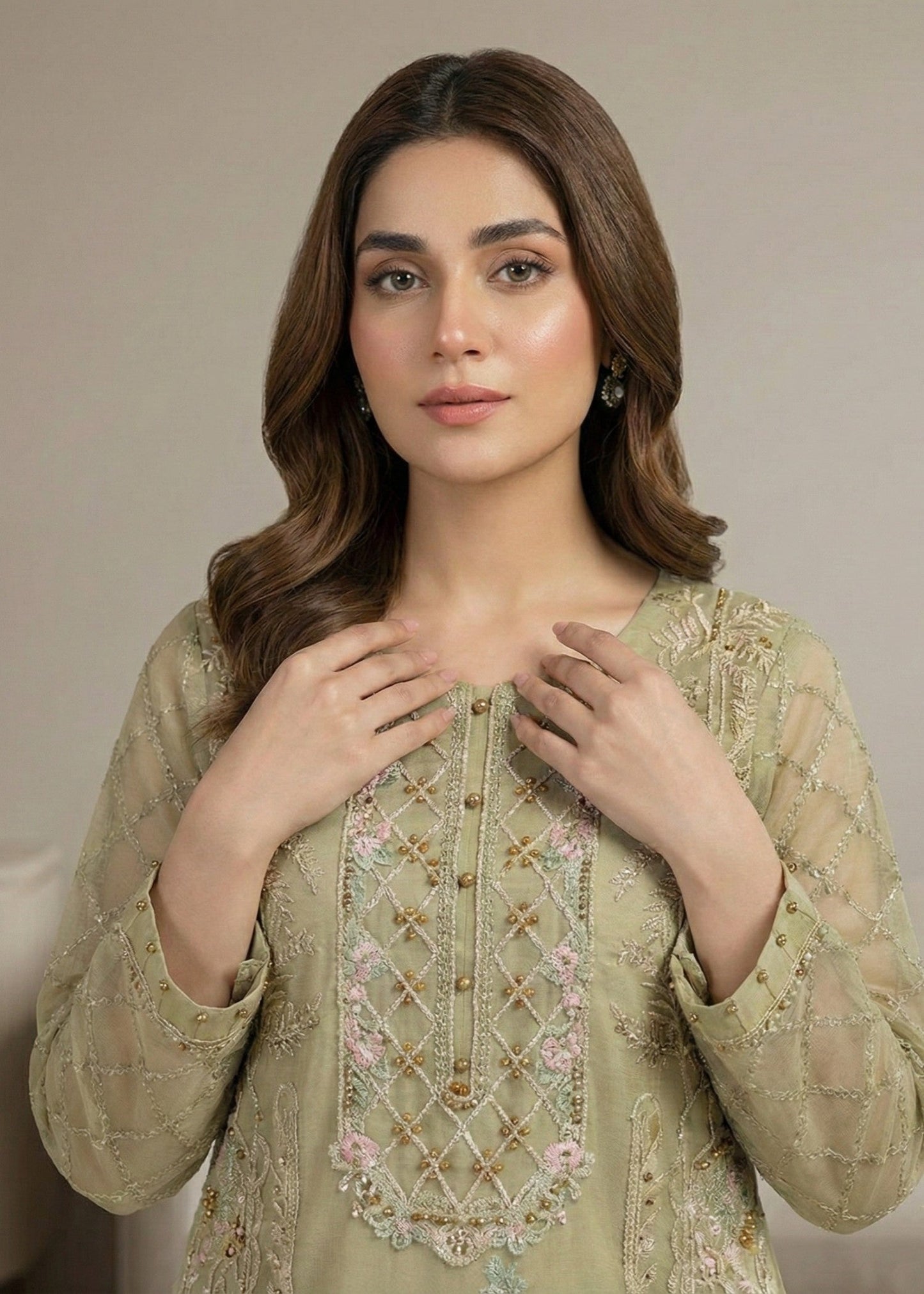 Pistachio Embroidered Organza Party Wear Suit Online in UK USA Canada