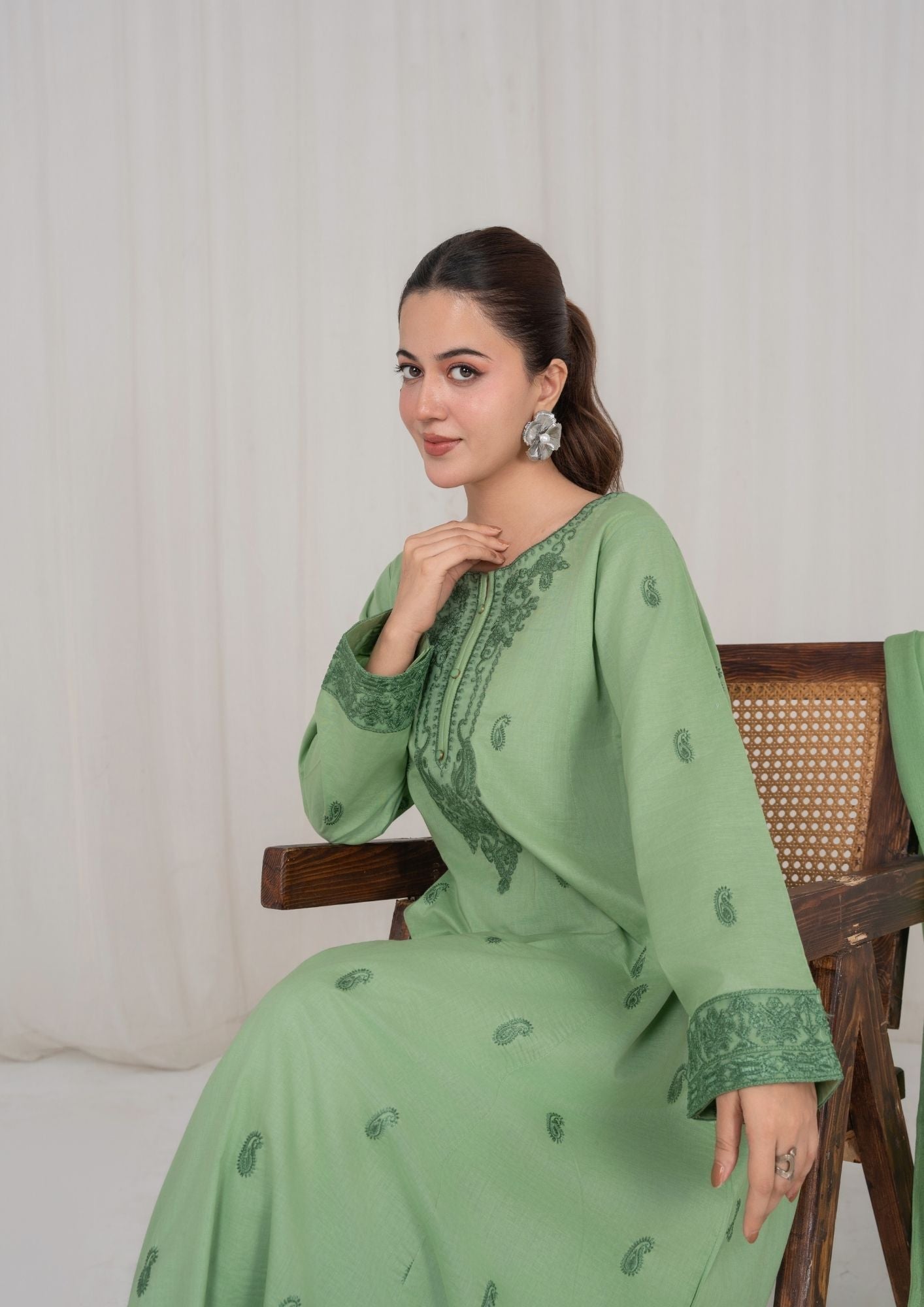 Pistachio Green Chiffon Dupatta Lawn Suit Online in Dubai DXB UAE Abudhabi Meena Bazaar