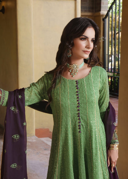 Pistachio Green Chiffon Embellished Pishwas Suit Online in Dubai UAE Abudhabi Ajman Sharjah