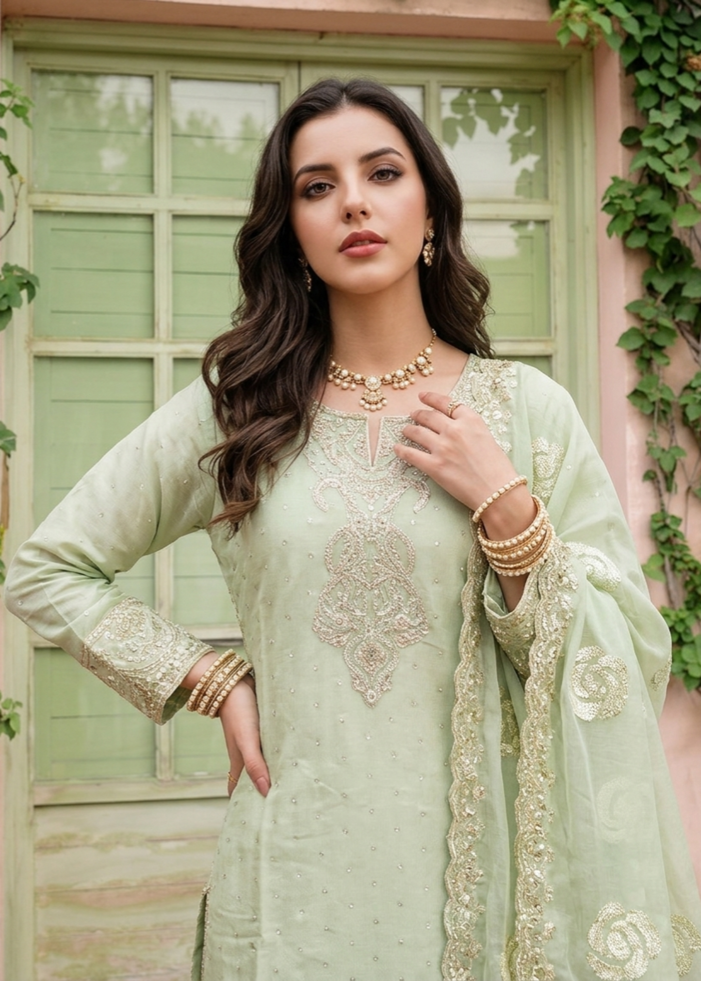Pistachio Green Chiffon Embroidered Festive Wear Suit Online in Dubai UAE Abudhabi Ajman Sharjah