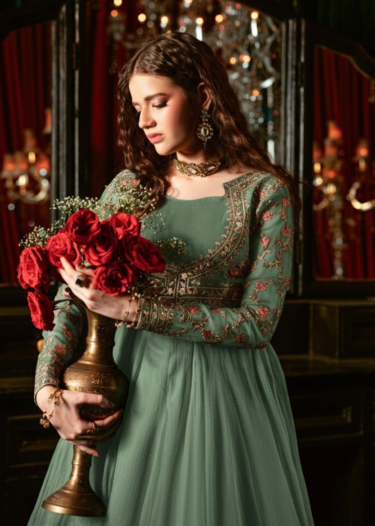 Pistachio Green Chiffon Embroidered Maxi Online in Dubai DXB UAE Abudhabi Meena Bazaar