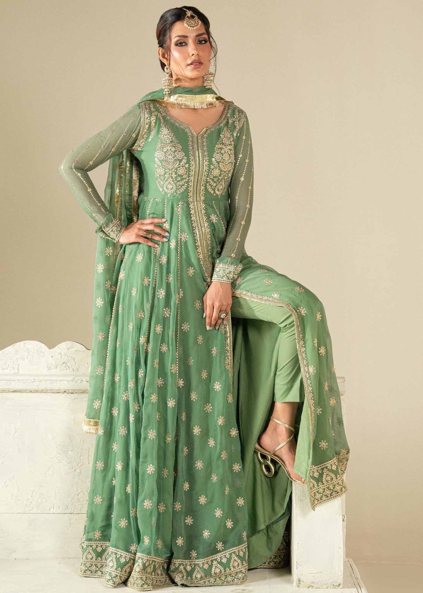 Pistachio Green Chiffon Embroidered Suit Online in Dubai UAE Abudhabi Ajman Sharjah