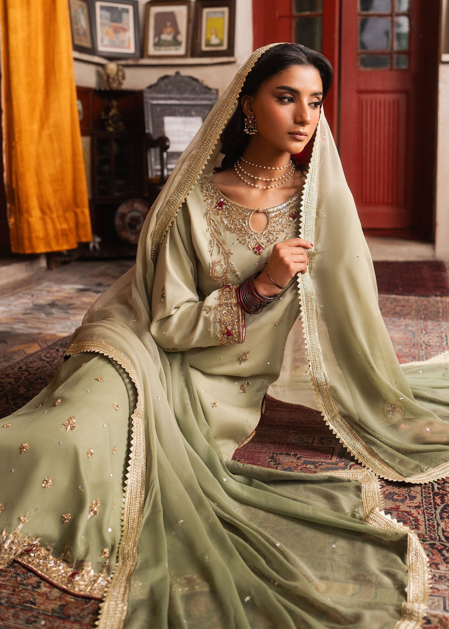 Pistachio Green Chiffon Pakistani Designer Suit Online in UK USA Canada