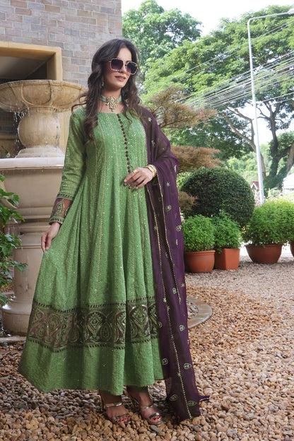 Pistachio Green Embellished Chiffon Pishwas Suit Online in Dubai UAE Abudhabi Ajman Sharjah