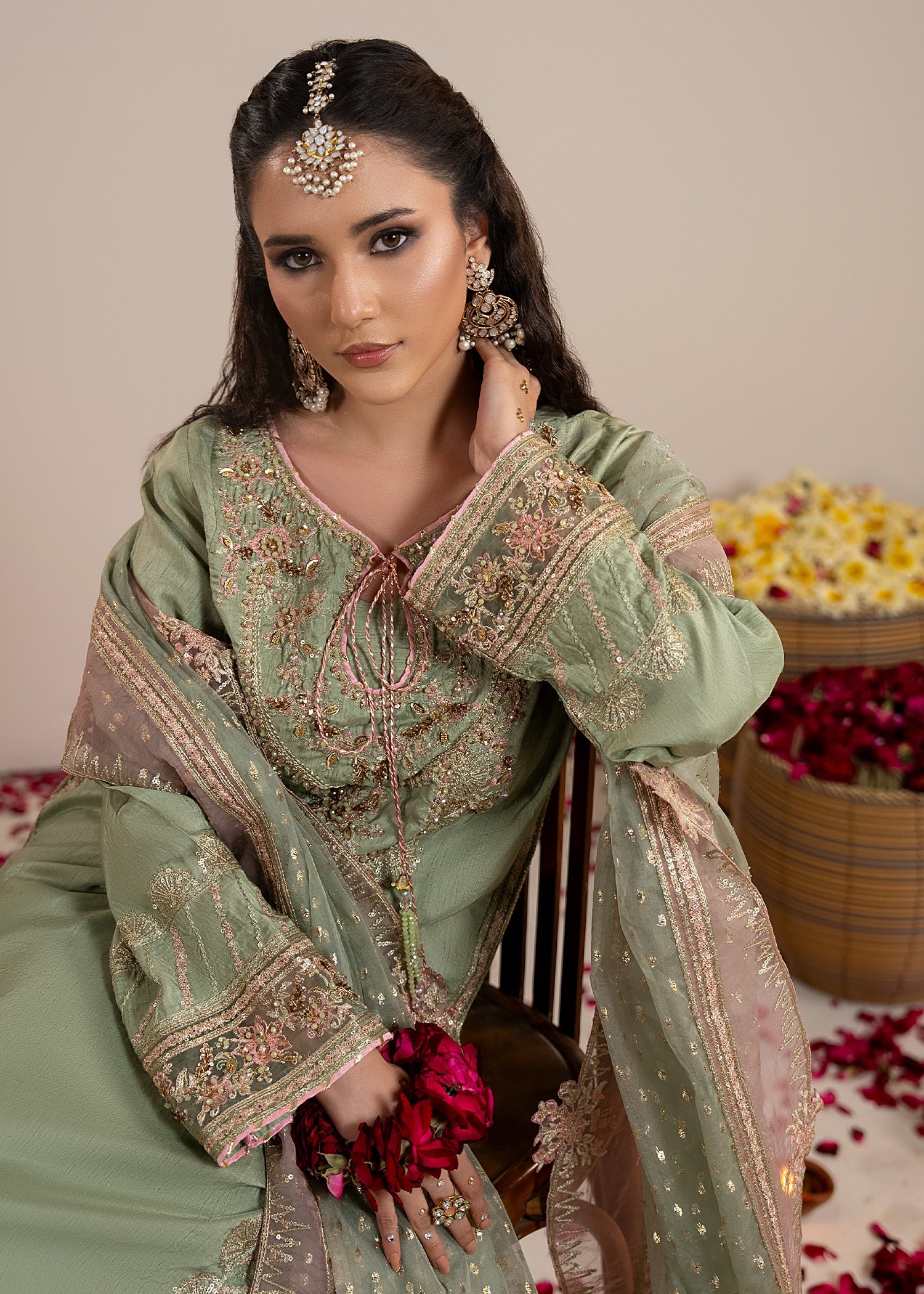 Pistachio Green Embellished Farshi Shalwar Suit Online in Sri Lanka India Australia