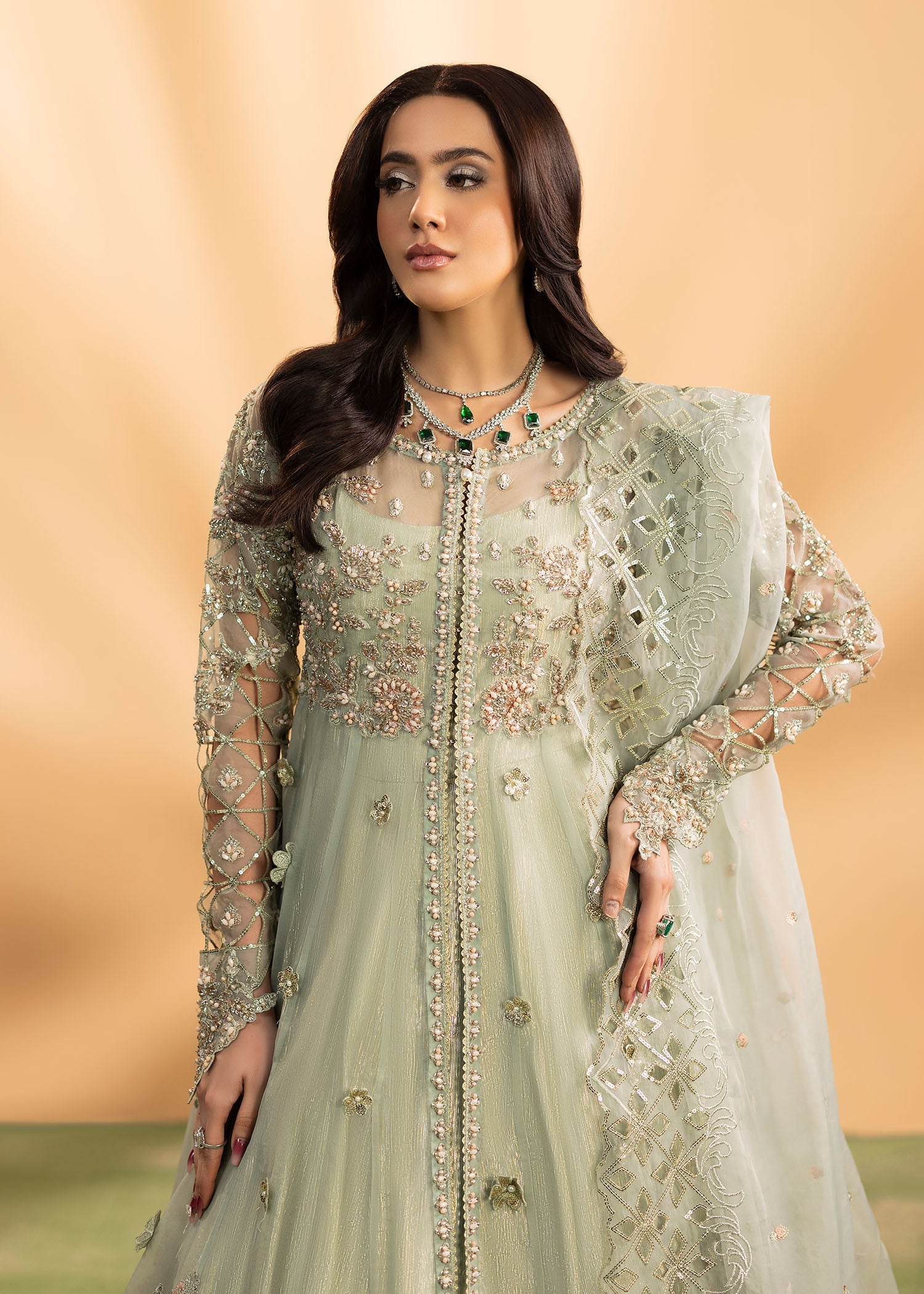 Pistachio Green Embellished Organza Wedding Outfit Online in Dubai DXB UAE Abudhabi Meena Bazaar