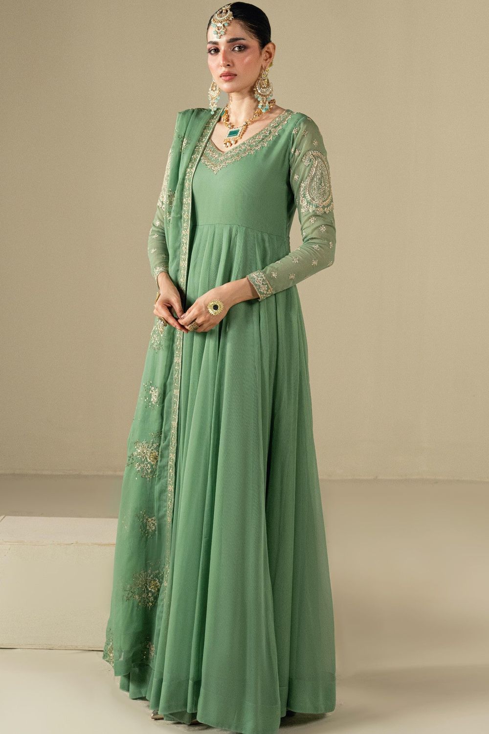 Pistachio Green Embroidered Chiffon Anarkali Maxi Online in Dubai UAE Abudhabi Ajman Sharjah