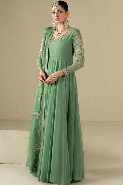 Pistachio Green Embroidered Chiffon Anarkali Maxi Online in Dubai UAE Abudhabi Ajman Sharjah
