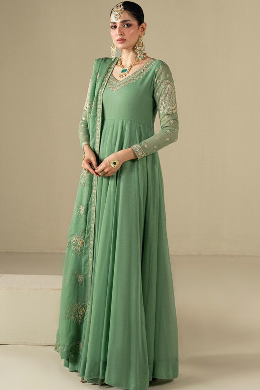 Pistachio Green Embroidered Chiffon Anarkali Maxi Online in Dubai UAE Abudhabi Ajman Sharjah