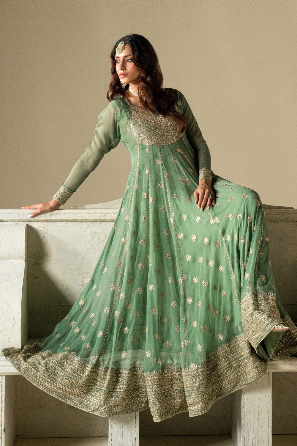 Pistachio Green Embroidered Chiffon Festive Maxi Online in Dubai UAE Abudhabi Ajman Sharjah