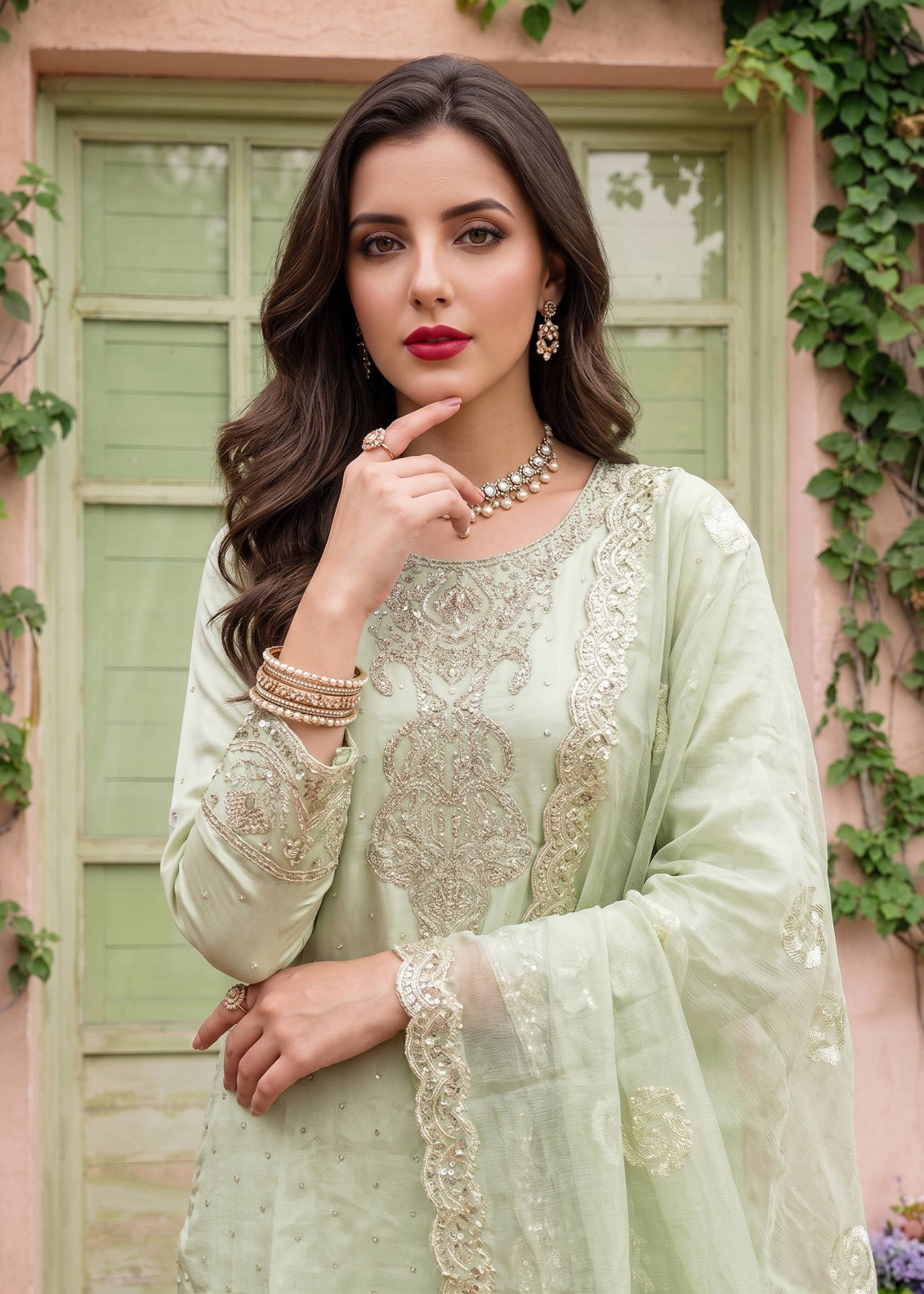 Pistachio Green Embroidered Chiffon Festive Suit Online in KSA Riyadh Saudi Arabia Oman Bahrain Qatar