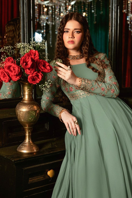 Pistachio Green Embroidered Chiffon Maxi Dress Online in Dubai UAE Abudhabi Ajman Sharjah