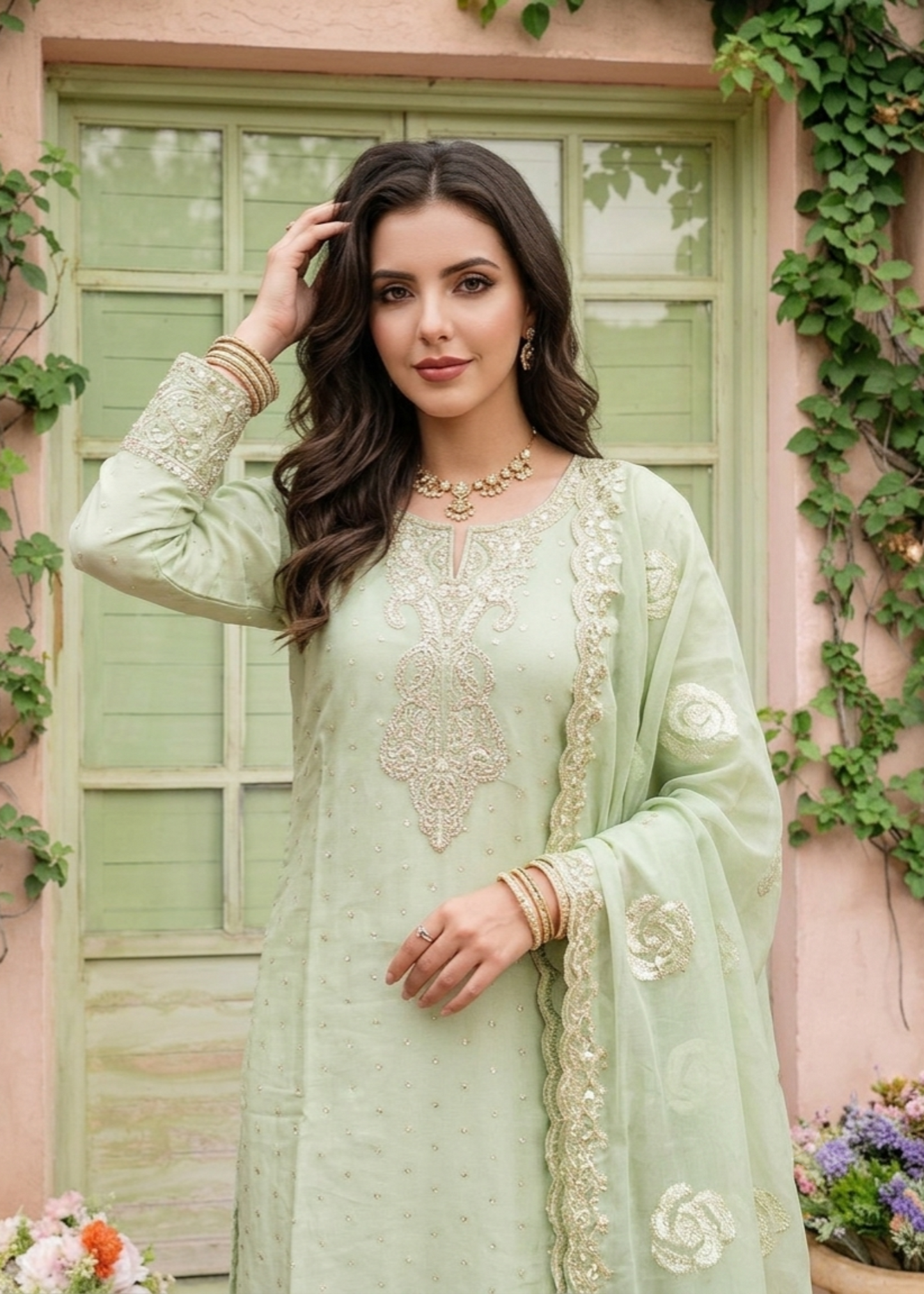 Pistachio Green Embroidered Chiffon Party Wear Salwar Kameez Online in Sri Lanka India Australia