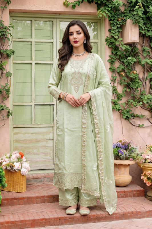 Pistachio Green Embroidered Chiffon Party Wear Suit Online in Dubai UAE Abudhabi Ajman Sharjah