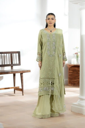Pistachio Green Embroidered Chiffon Partywear Suit Online in Dubai UAE Abudhabi Ajman Sharjah