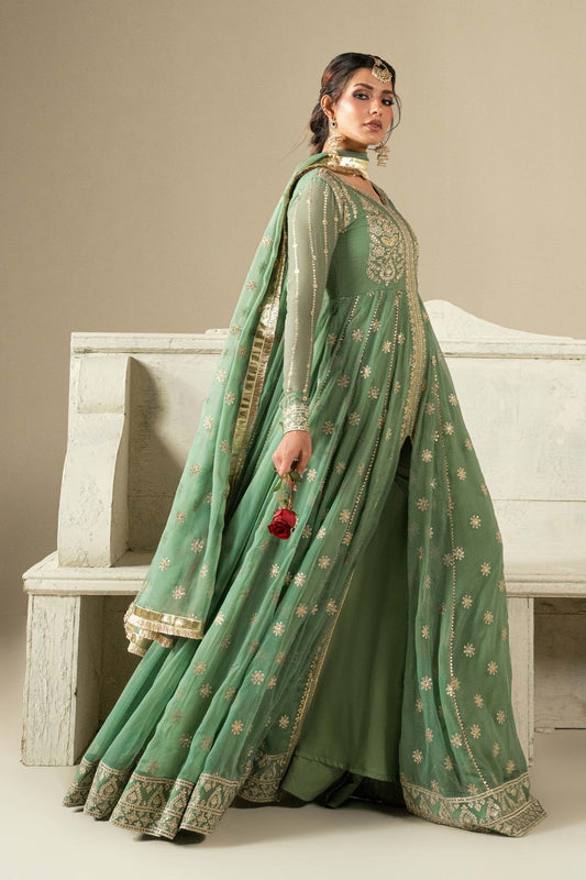 Pistachio Green Embroidered Chiffon Pishwas Online in Dubai UAE Abudhabi Ajman Sharjah