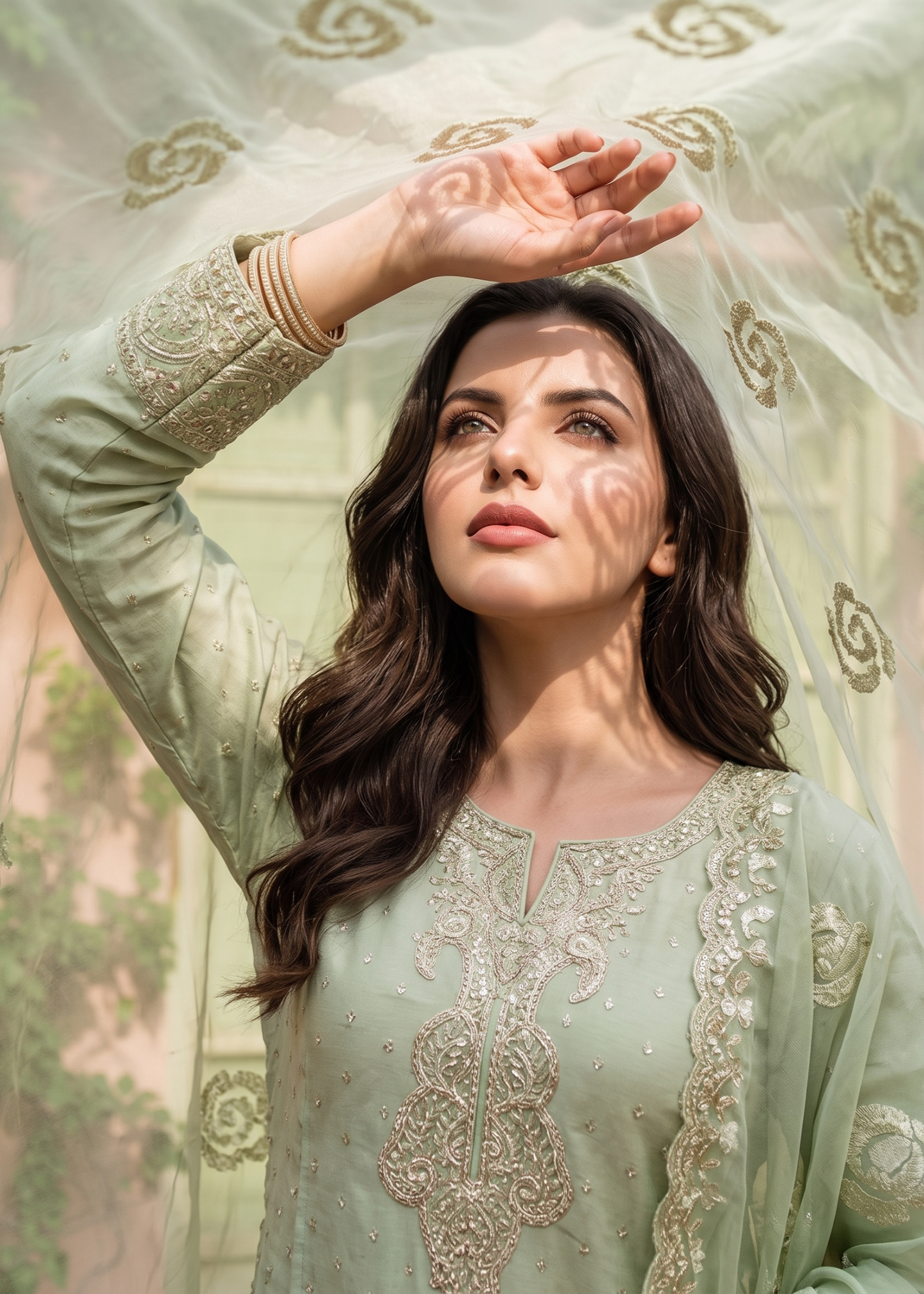Pistachio Green Embroidered Chiffon Suit with Organza Dupatta Online in Dubai DXB UAE Abudhabi Meena Bazaar