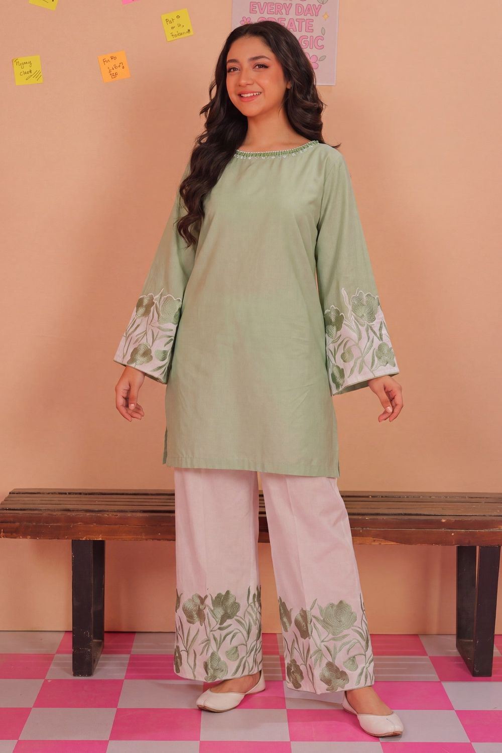 Pistachio Green Embroidered Cotton Kurta Set Online in Dubai UAE Abudhabi Ajman Sharjah