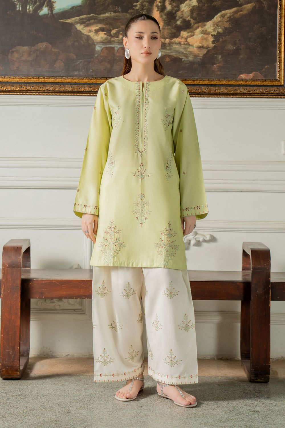 Pistachio Green Embroidered Cotton Kurta Shalwar Online in Dubai UAE Abudhabi Ajman Sharjah