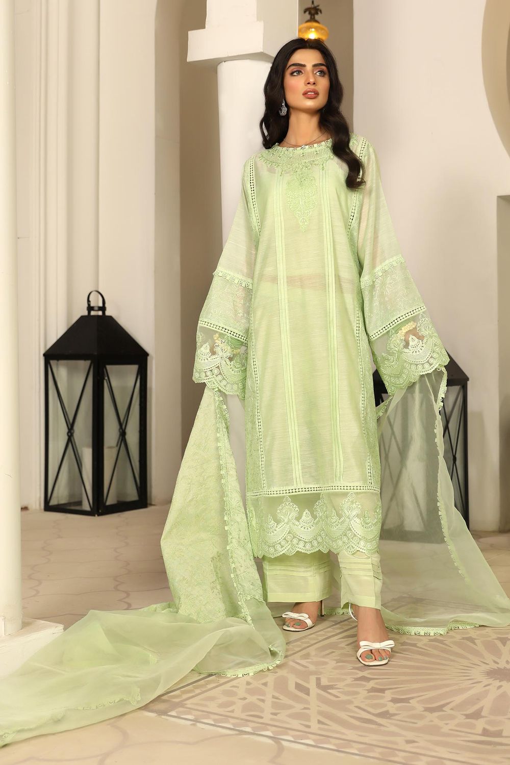Pistachio Green Embroidered Cotton Pakistani Suit Online in Dubai UAE Abudhabi Ajman Sharjah