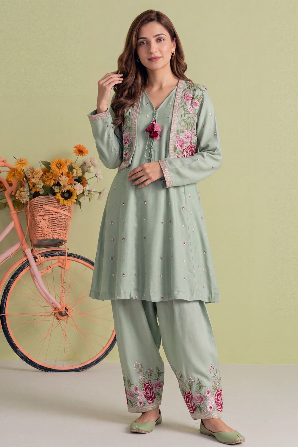Pistachio Green Embroidered Dhanak Frock Online in Dubai UAE Abudhabi Ajman Sharjah