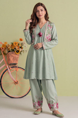 Pistachio Green Embroidered Dhanak Frock Online in Dubai UAE Abudhabi Ajman Sharjah
