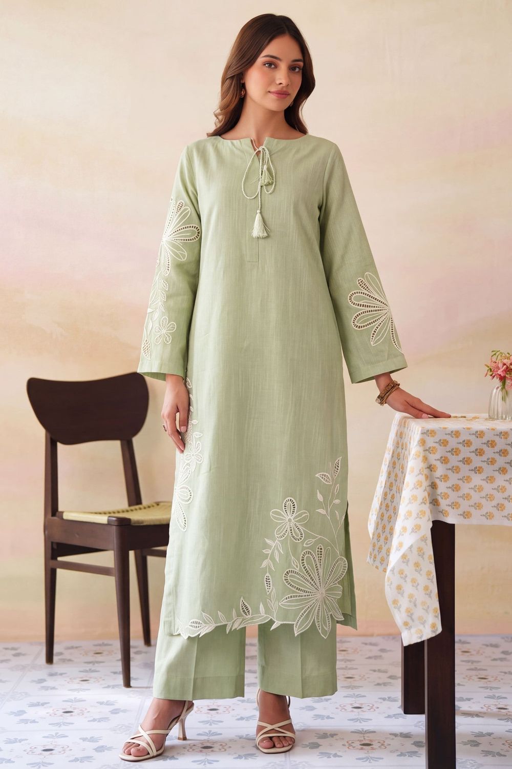 Pistachio Green Embroidered Khaddar Kurta Set Online in Dubai UAE Abudhabi Ajman Sharjah