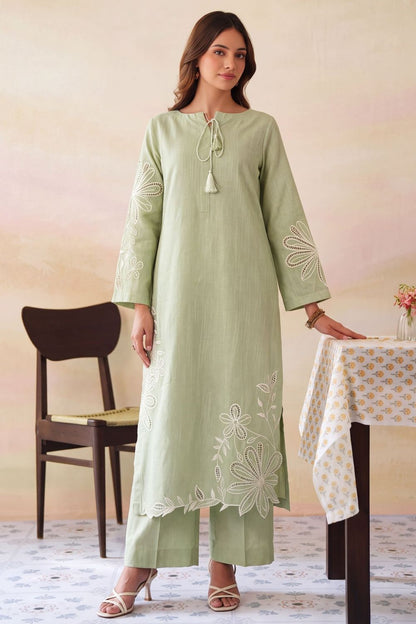 Pistachio Green Embroidered Khaddar Kurta Set Online in Dubai UAE Abudhabi Ajman Sharjah
