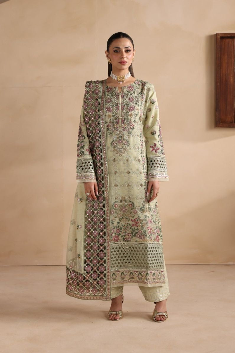 Pistachio Green Embroidered Khaddi Net Partywear Suit Online in Dubai UAE Abudhabi Ajman Sharjah