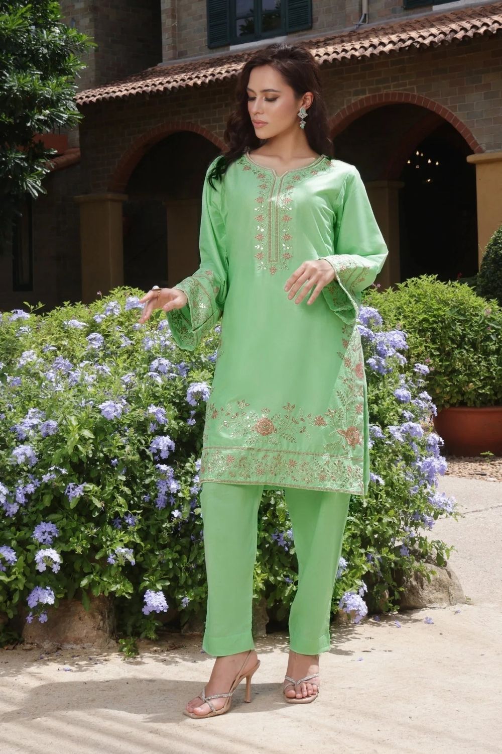 Pistachio Green Embroidered Lawn Cotton Kurta Set Online in Dubai UAE Abudhabi Ajman Sharjah