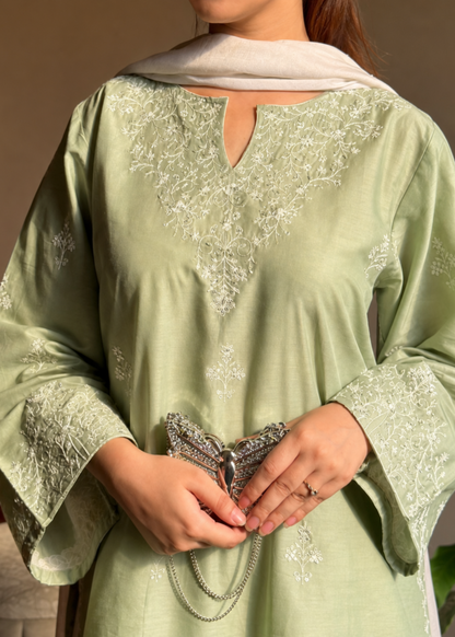 Pistachio Green Embroidered Lawn Farshi Shalwar Online in Sri Lanka India Australia