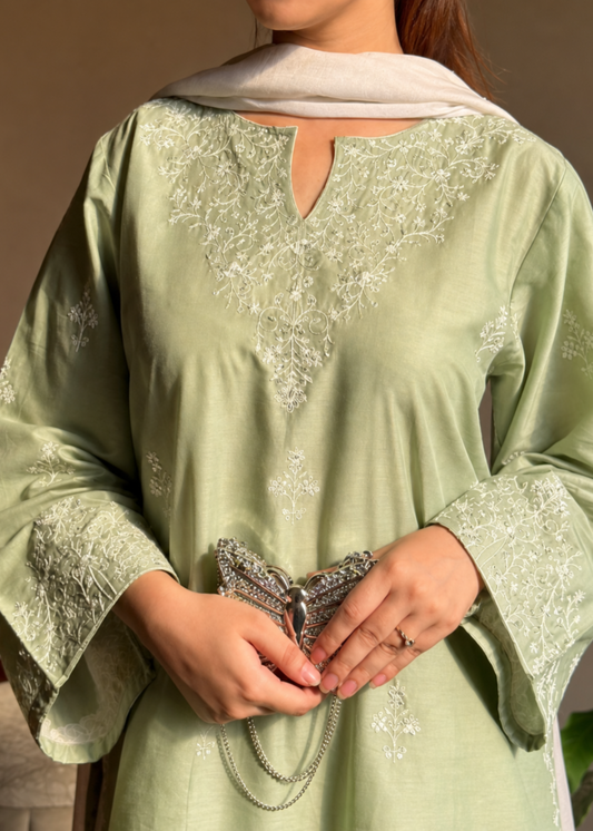 Pistachio Green Embroidered Lawn Farshi Shalwar Online in Sri Lanka India Australia