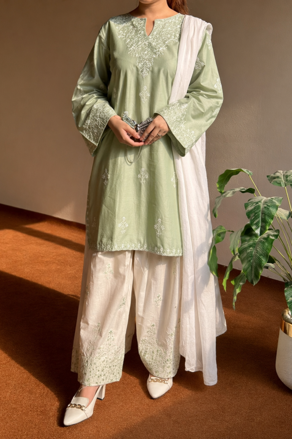Pistachio Green Embroidered Lawn Farshi Shalwar Suit Online in Dubai UAE Abudhabi Ajman Sharjah