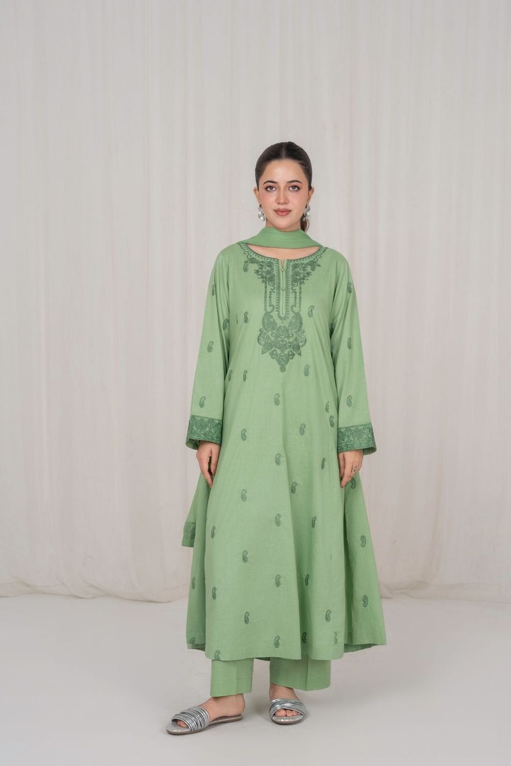 Pistachio Green Embroidered Lawn Flared Pishwas Online in Dubai UAE Abudhabi Ajman Sharjah
